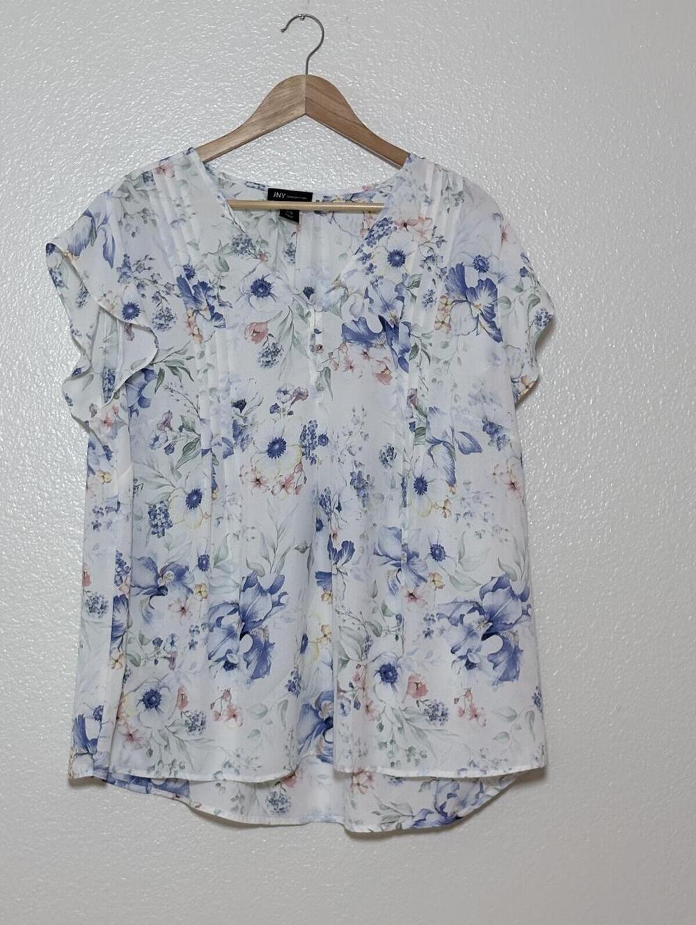 JNY Jones New York Flutter Sleeve Floral Blouse White/Blue Size 1X